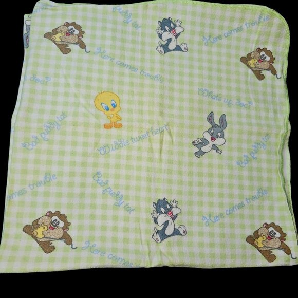VTG Baby Looney Tunes Flannel Blanket Green Plaid Cotton By DOLLY Tweety Taz - Picture 1 of 10
